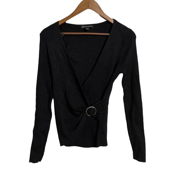 INC Womens Black Gold Weave Y2K Ribbed Faux Wrap Buckle Stretch Blouse Medium - Picture 1 of 6